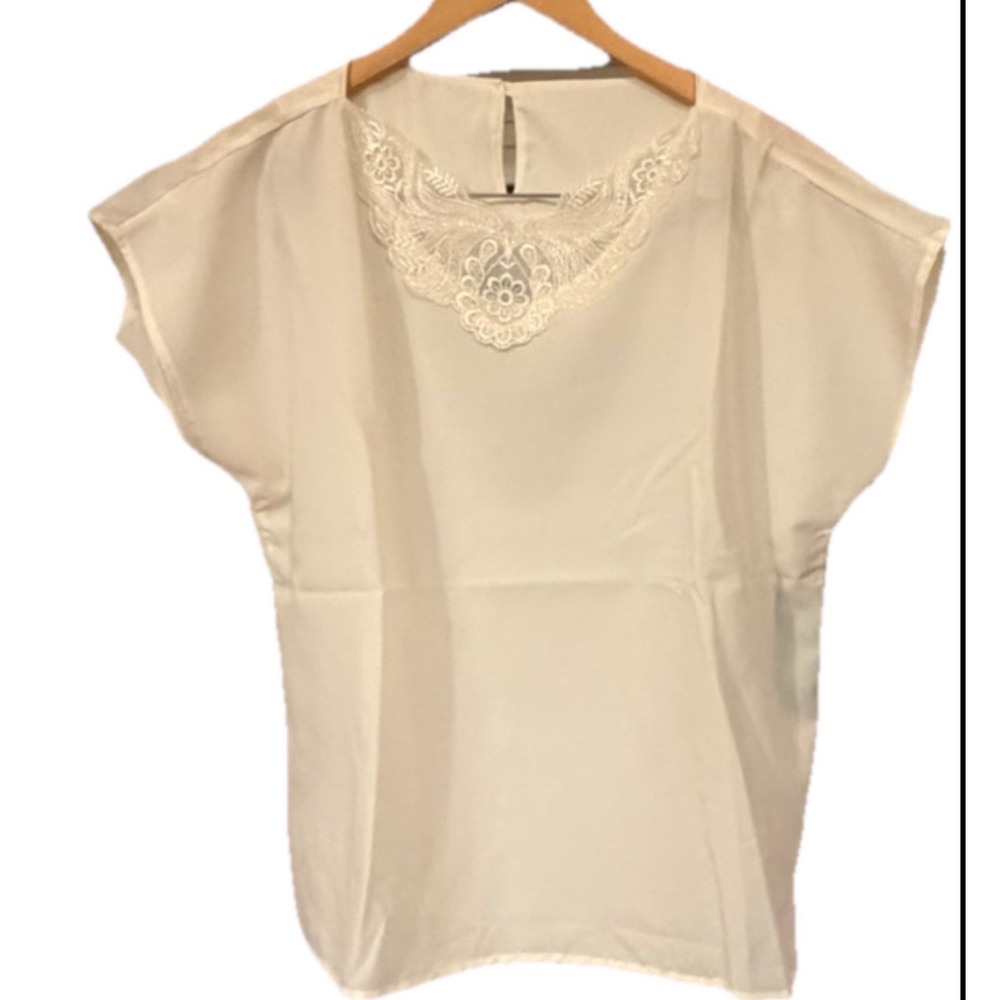 Vtg NWT 90s Joanna Lace Trim Cream Ivory Short Sleeve Blouse Top 14 fit like m‎